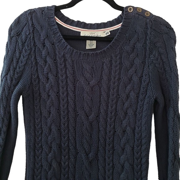 H&M L.O.G.G. Navy Blue Cable Knit Sweater, Crew Neck, Long Sleeve, Sz XS - Picture 1 of 8